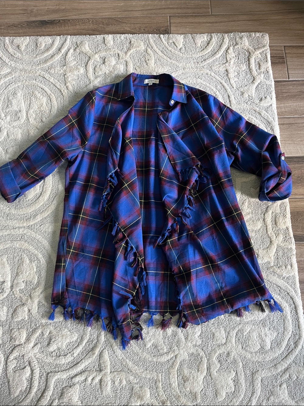 Umgee Blue Plaid Fringe Open-Front Cape